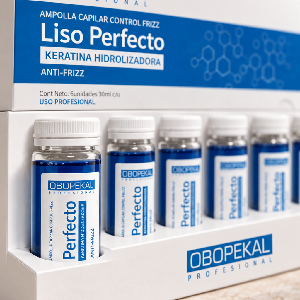 Detalle de las seis ampollas azules Liso Perfecto, keratina hidrolizadora anti-frizz, 30 ml cada una