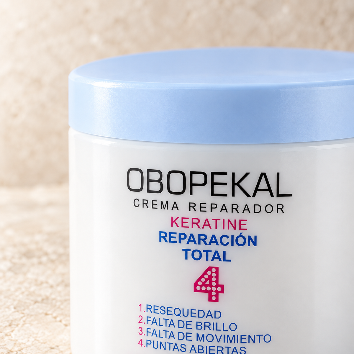 Detalle de la etiqueta Obopekal Keratine Reparación Total 4: resequedad, falta de brillo, falta de movimiento y puntas abiertas