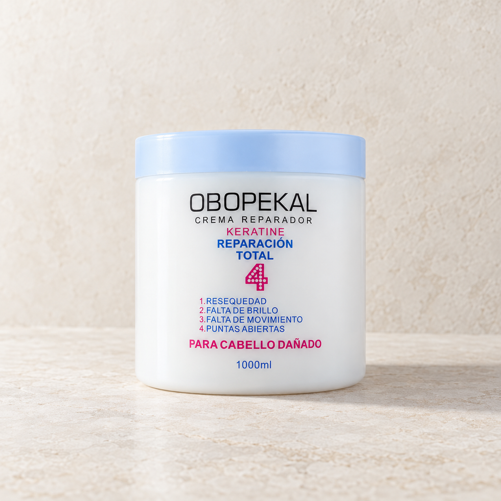 Pote blanco con tapa celeste de Mascarilla Obopekal Keratine Reparación Total 4, 1000 ml