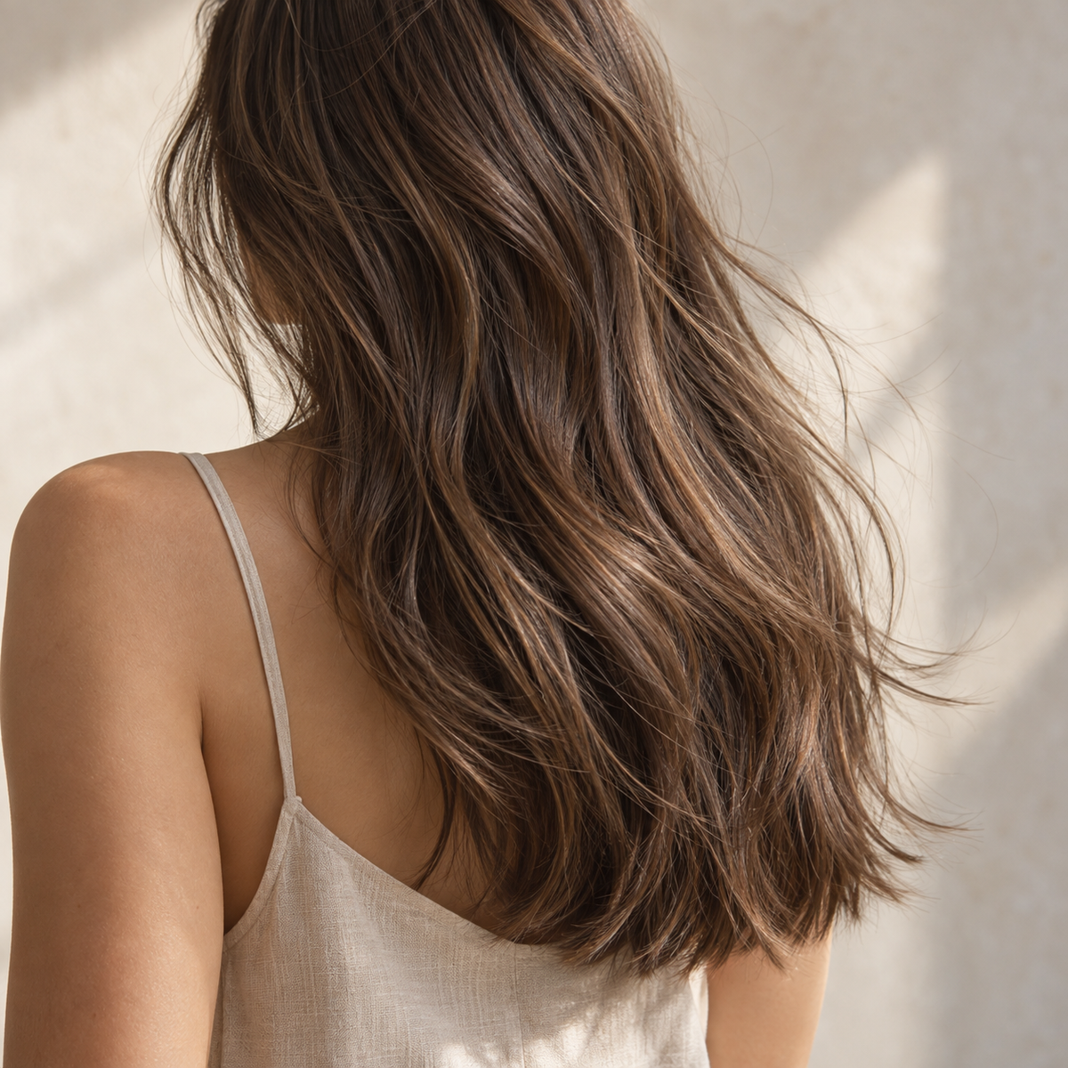 Mujer de espaldas con cabello largo castaño y ondulado