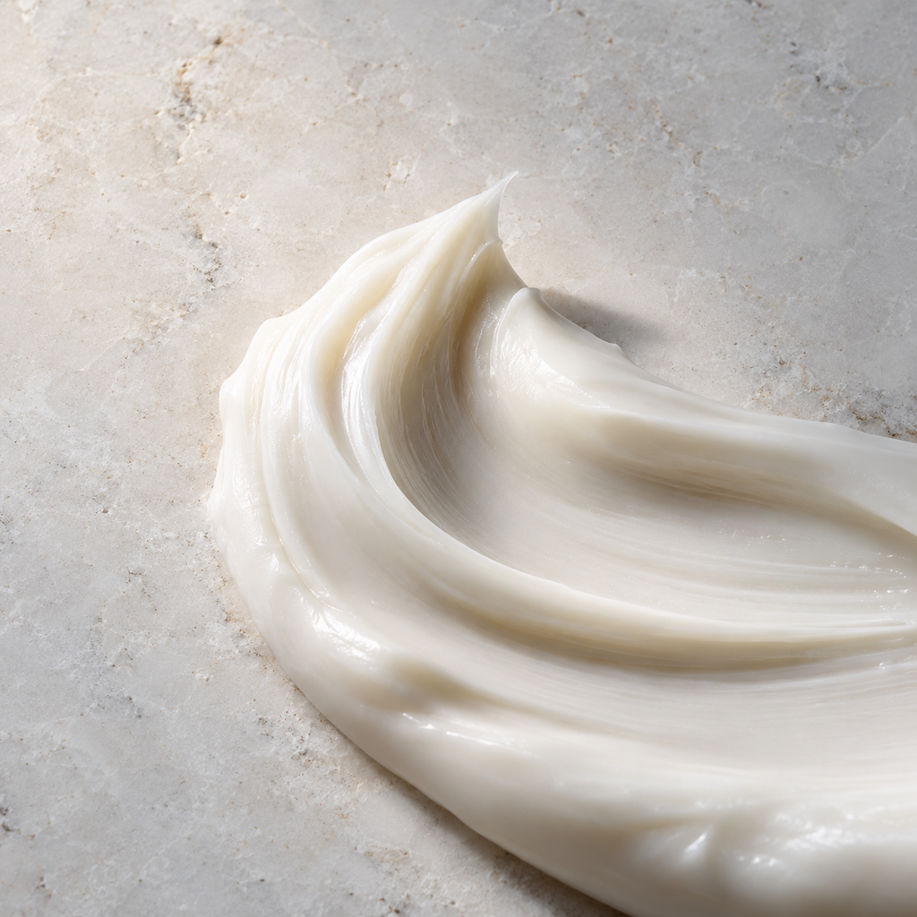 Textura cremosa blanca de la mascarilla sobre una superficie de piedra clara