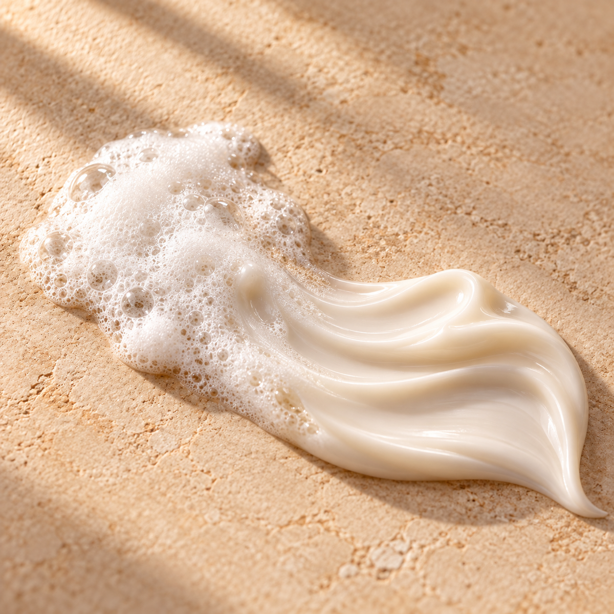 Espuma blanca de shampoo sobre una superficie de piedra clara
